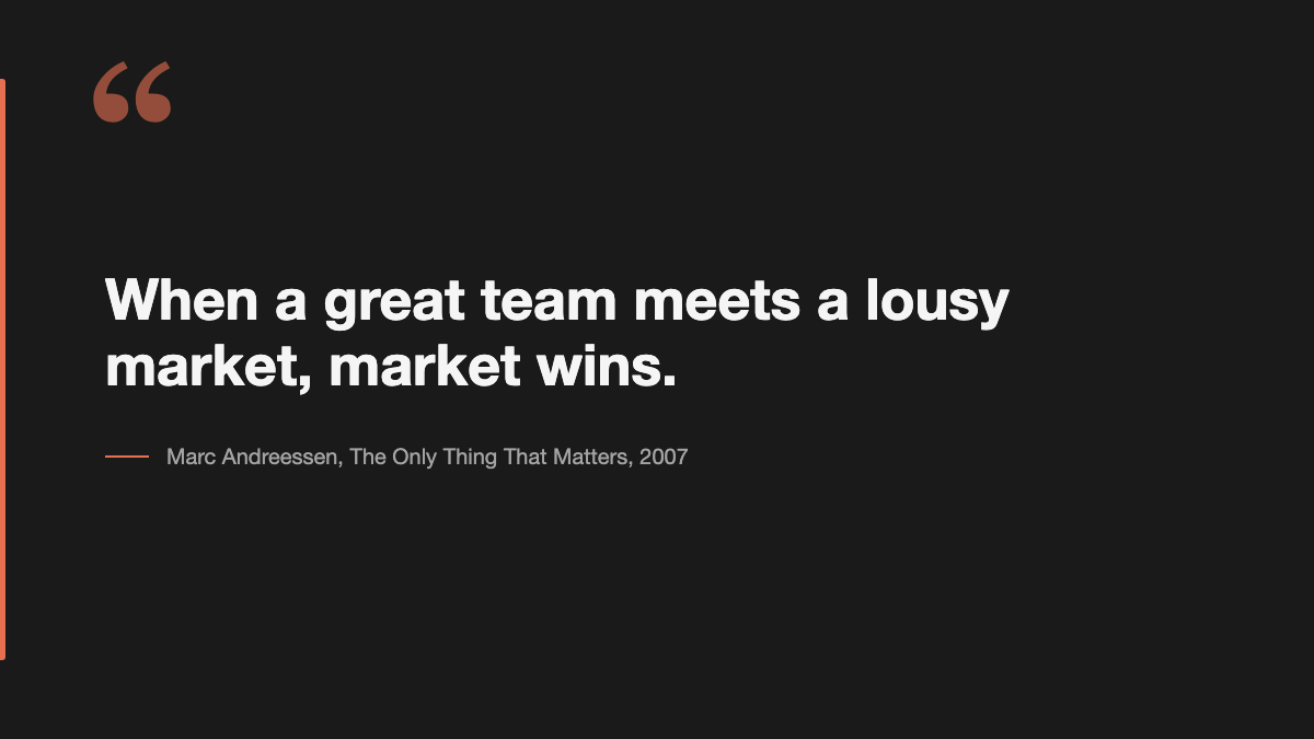 Pull-quote: When a great team meets a lousy market, market wins. — Marc Andreessen